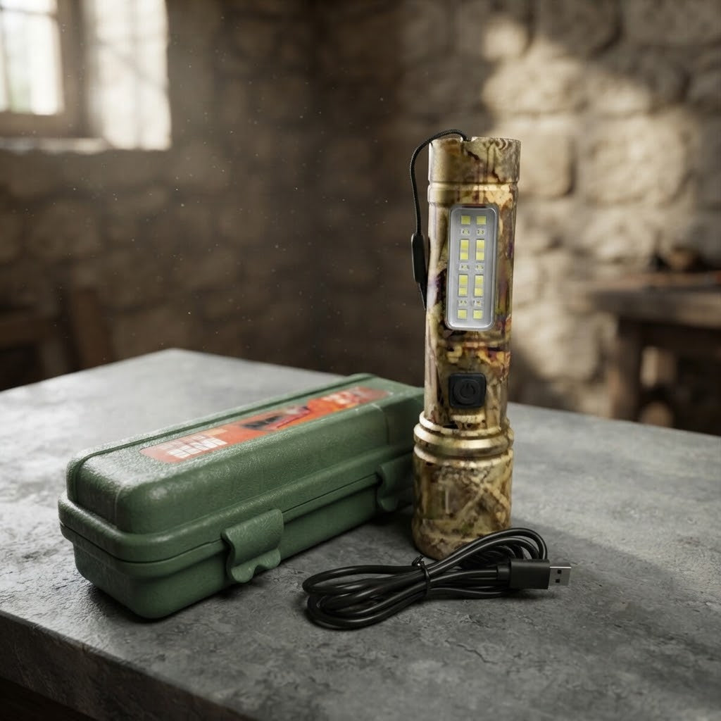 Camo zoomable flashlight standing with green protective case and USB cable