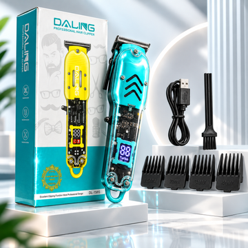 Transparent T-blade hair trimmer in yellow and teal with LED display showing battery level, guide combs and USB cable