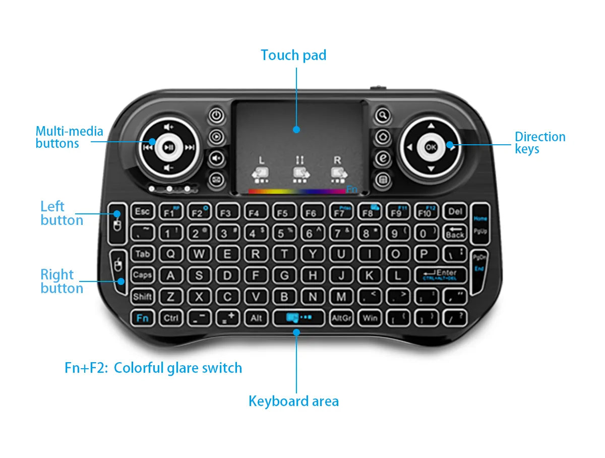 I10 mini Bluetooth keyboard, handheld QWERTY keypad with backlit keys