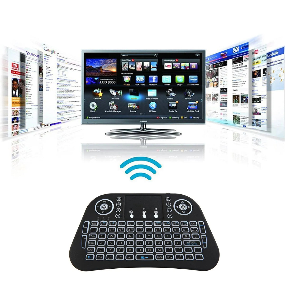 I10 mini wireless keyboard with touchpad and air mouse, held in hand