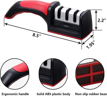 4-in-1 knife and scissor sharpener — dimensions diagram showing 8.5 x 1.95 x 2.2 in size, ergonomic handle, solid ABS plastic body and non-slip rubber base