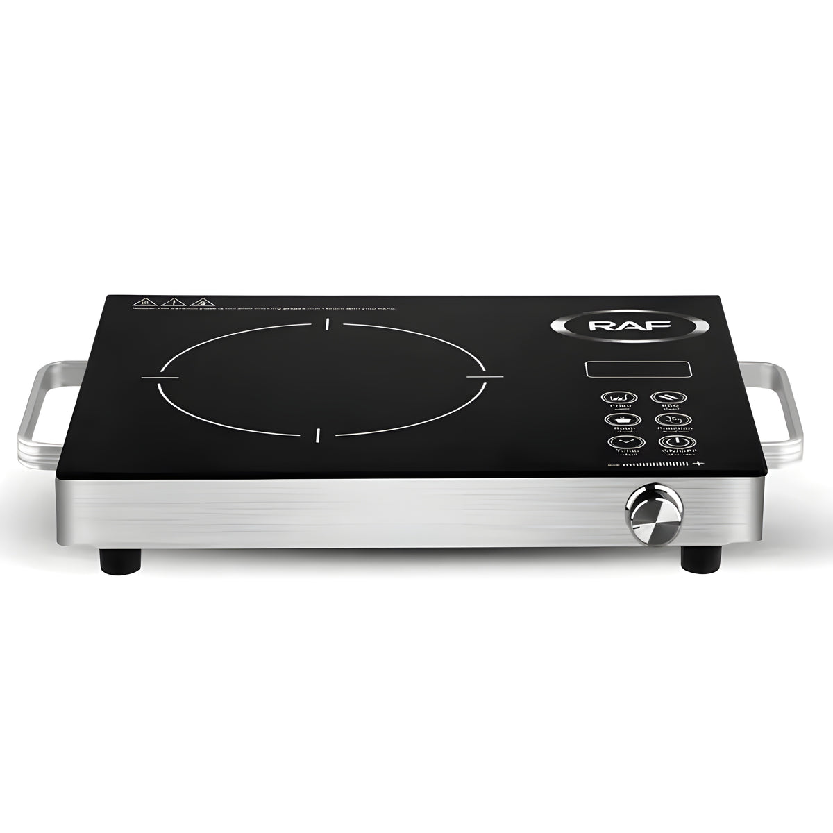 Front view of the RAF 3500W infrared cooker — brushed silver body, black crystal glass top and front control knob