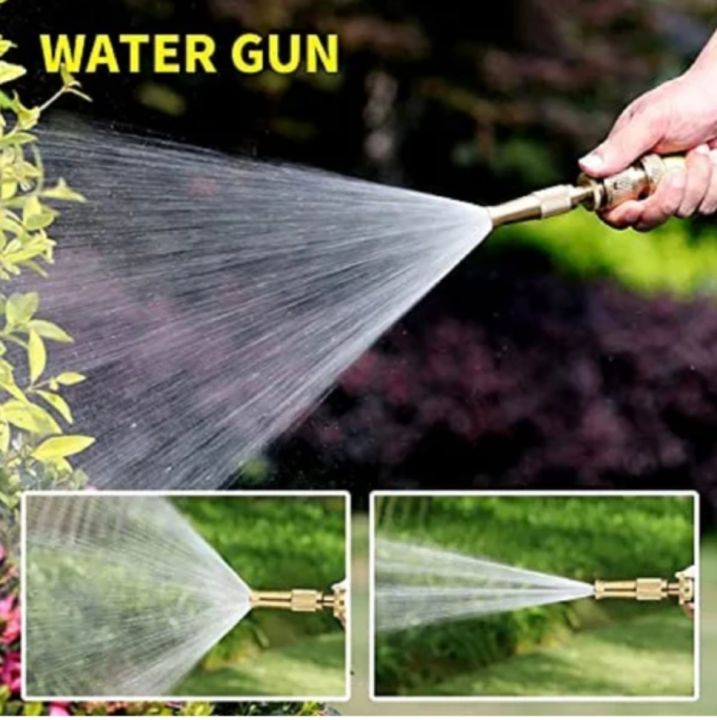 High-pressure brass hose nozzle spraying a powerful jet stream of water