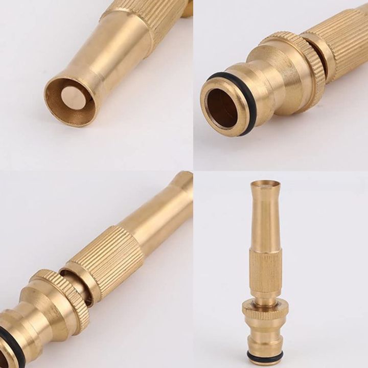 Twist-adjust hose nozzle size reference showing the compact 8.1cm brass body