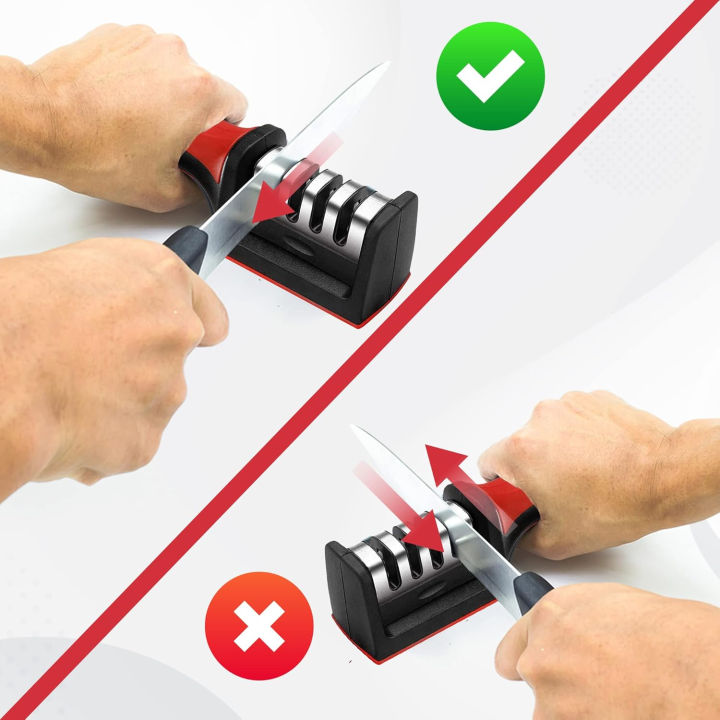 4-in-1 manual knife sharpener — correct vs wrong pull-through direction guide with check and cross markers