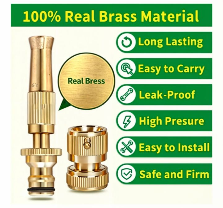 Brass hose nozzle side profile showing heavy-duty metal construction and hose connector end
