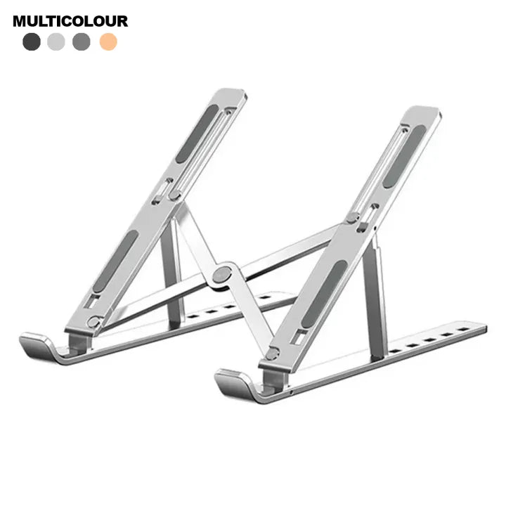 Empty silver open-frame laptop stand, two side frames and anti-slip rubber grips