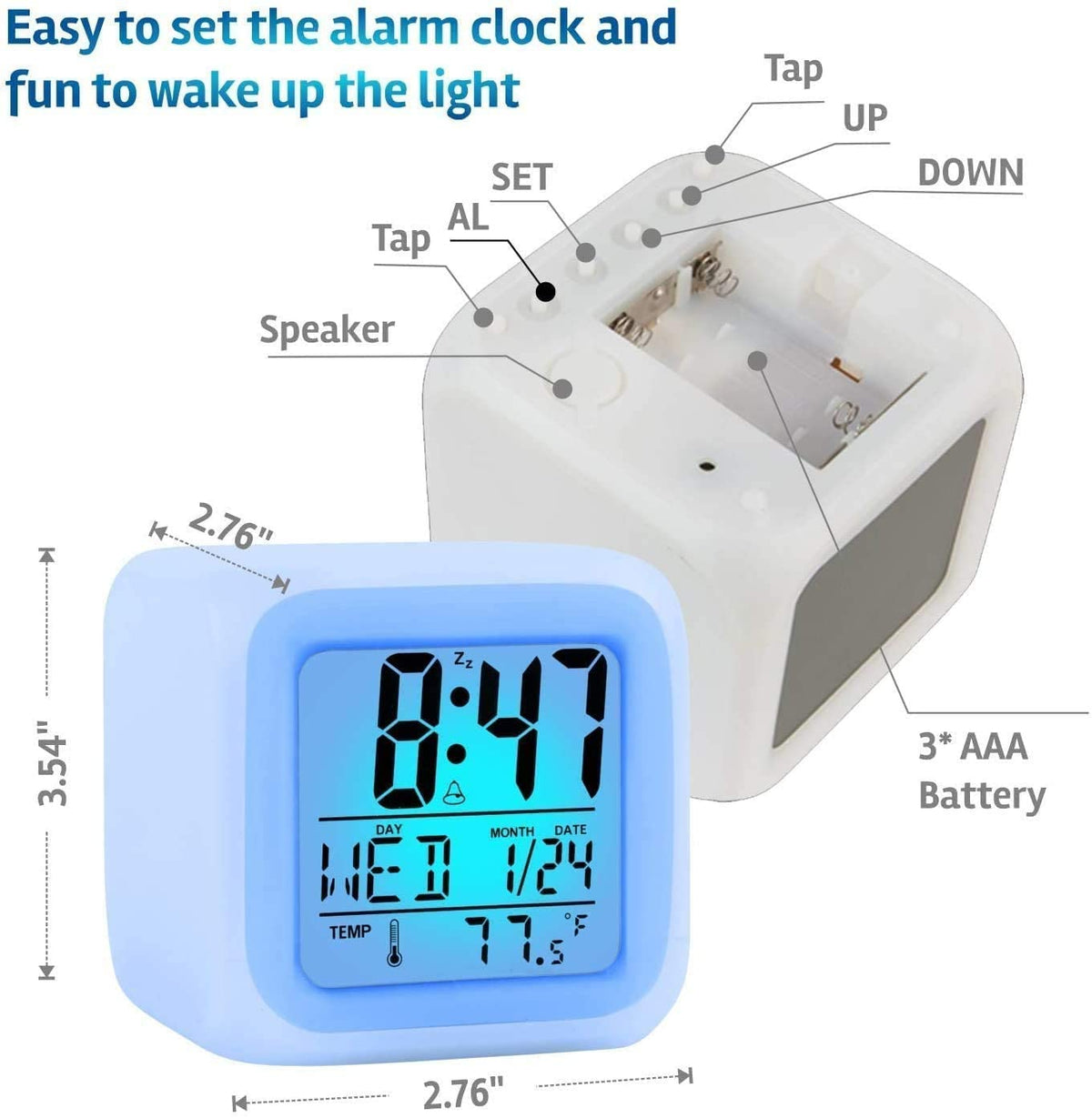 Glowing cube alarm clock displaying time, calendar date and temperature