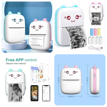 White cat-face mini thermal photo printer front view