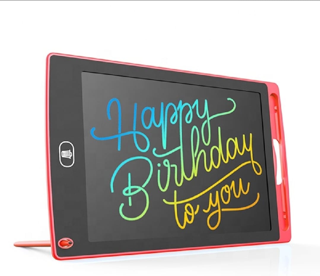 LCD writing tablet in use, child drawing on erasable e-writer slate