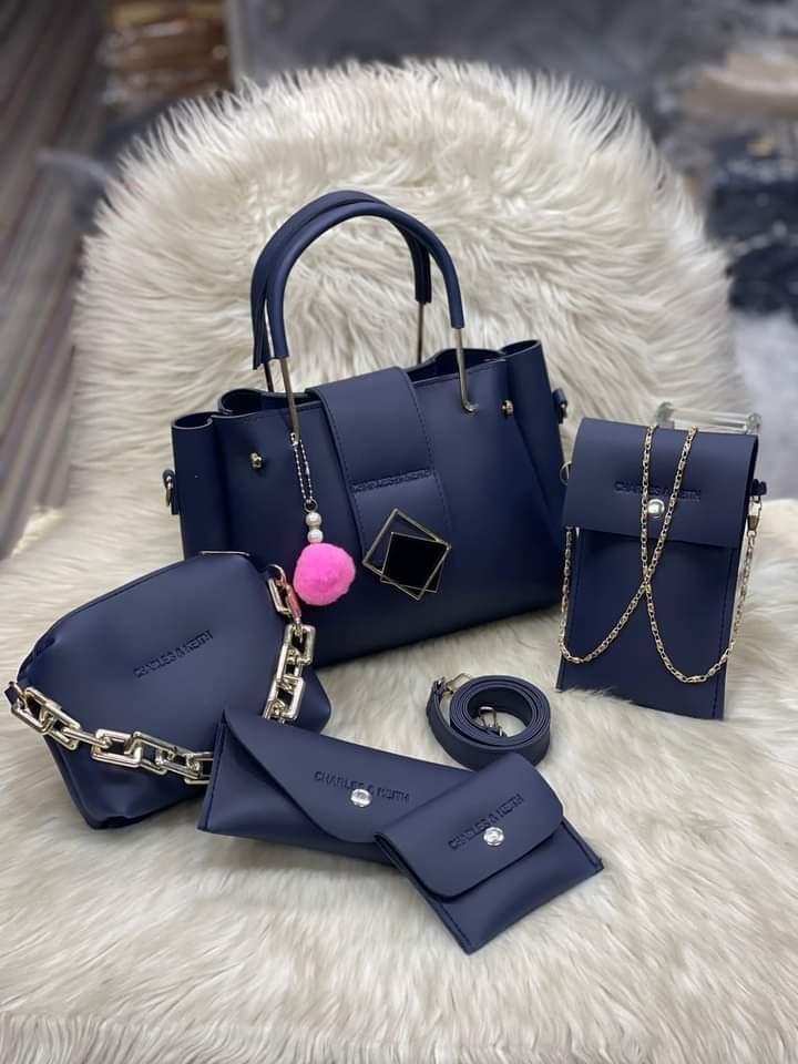 Chic Women's Leather Hand Bag Set - 5 Pcs in Blue - PrimeKart Pakistan