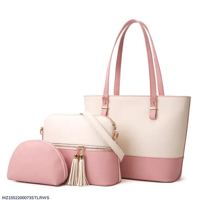 Stylish Women's PU Leather Hand Bag Set - 3 Pcs in White & Pink - PrimeKart Pakistan