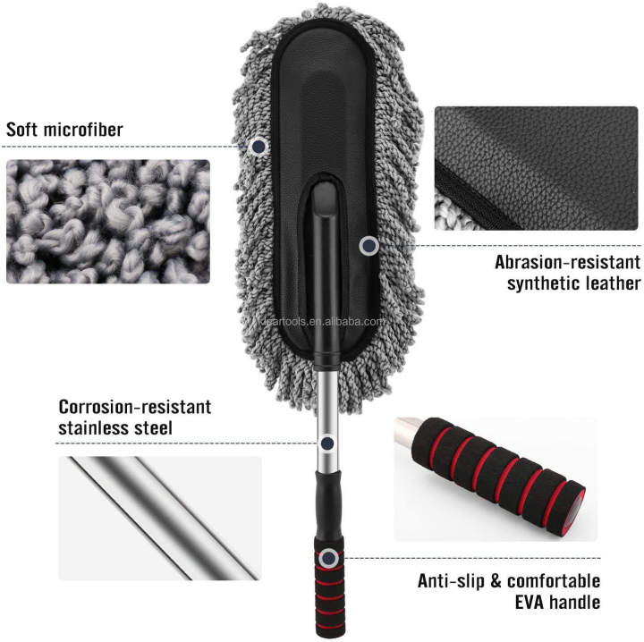 Car duster construction details — soft microfiber head, corrosion-resistant stainless steel pole, anti-slip foam grip