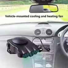 Portable car heater fan 12V mounted on car dashboard blowing warm air