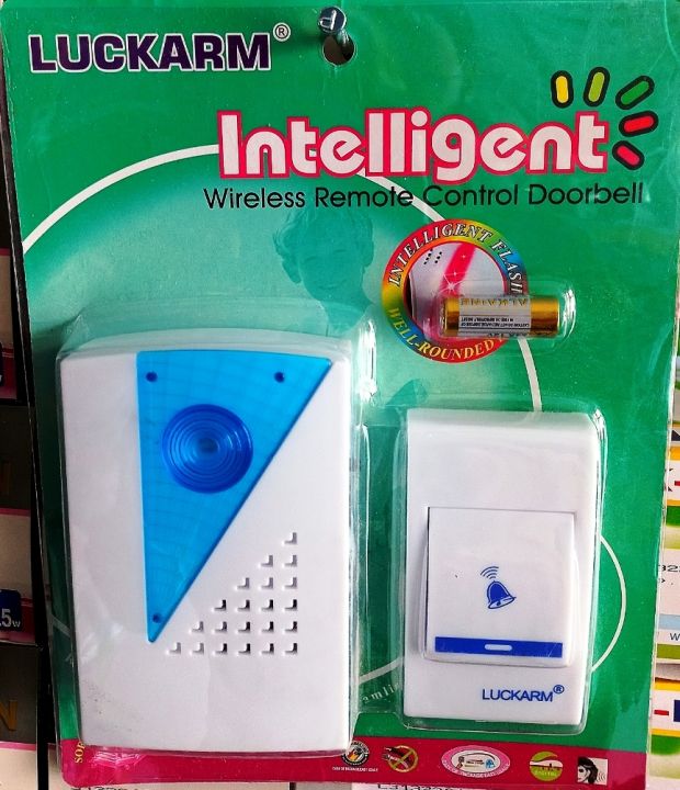 Luckarm Intelligent wireless doorbell retail pack with triangle receiver, transmitter and battery