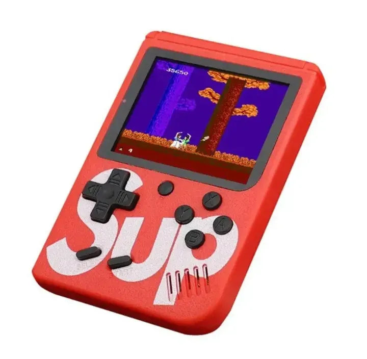 Red SUP 400 retro console playing a classic 8-bit game