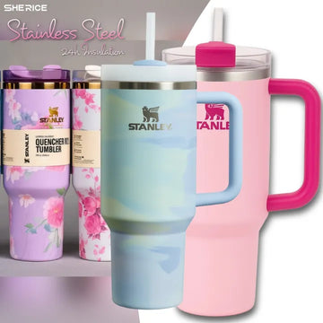 Stanley-style 40oz insulated travel tumbler with handle and straw, front view