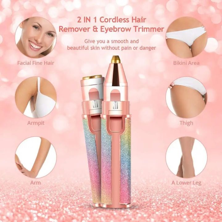 2 in 1 cordless hair remover and eyebrow trimmer for facial fine hair, armpit, arm, bikini area, thigh and legs