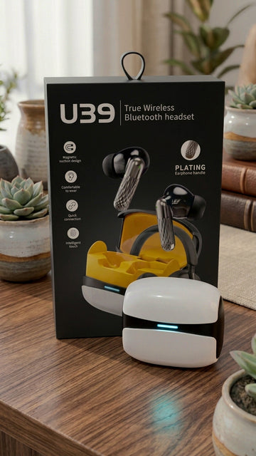 U39 wireless gaming earbuds box with yellow and black gaming charging case