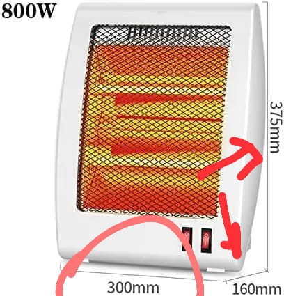 Electric quartz heater dimensions 800W 300mm 160mm 375mm