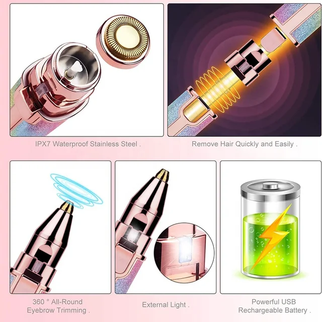 IPX7 waterproof stainless steel trimmer head, 360-degree eyebrow trimming, external light, USB rechargeable battery