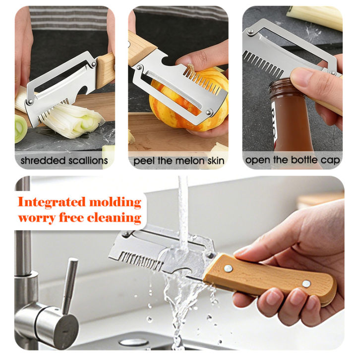 3-in-1 peeler uses — shredding scallions, peeling melon skin, opening a bottle cap, easy rinse-clean