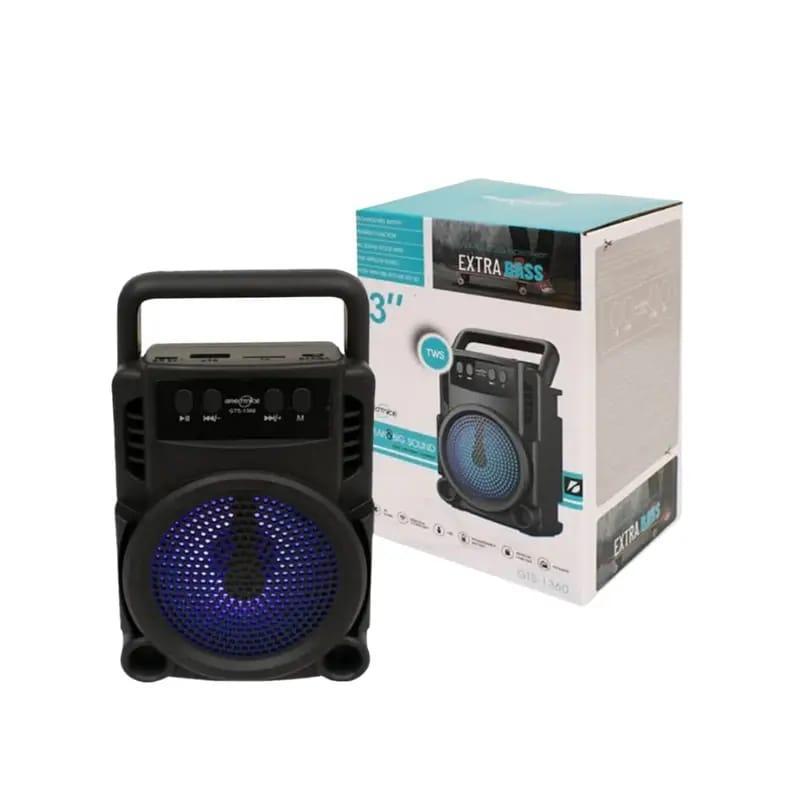 GTS-1360 mini Bluetooth speaker with blue RGB driver, in front of its retail box