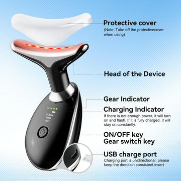 Dolphin LED face massager with protective cover, curved LED head and CLEAN/EMS/HOT mode indicators