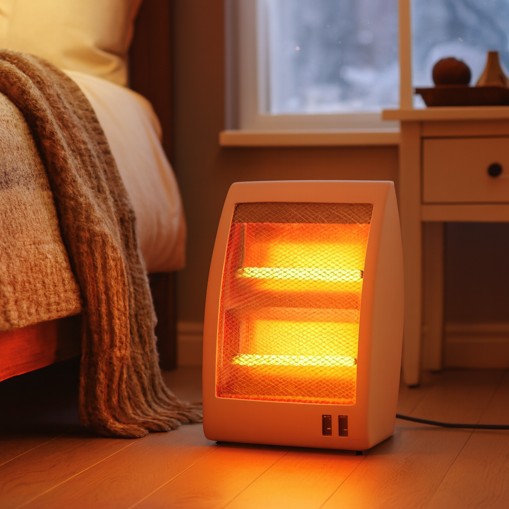 Electric quartz heater beside a bed in a bedroom
