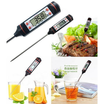 TP101 digital food thermometer with stainless steel probe in meat, juice and tea