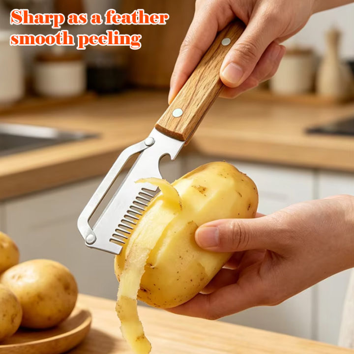 3-in-1 peeler smoothly peeling a potato — sharp wide stainless blade, paper-thin peels
