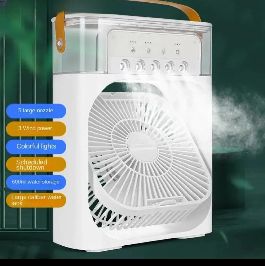 Mini air cooler fan feature callouts: 5 mist nozzles, 3 wind speeds, colorful lights, timer, 600ml tank