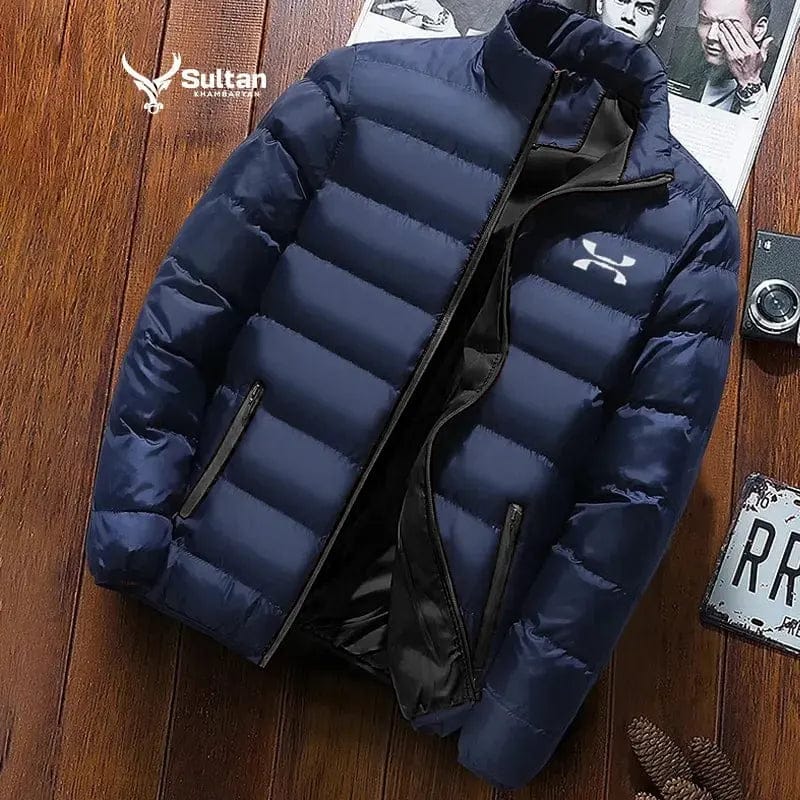 Men's quilted puffer jacket in navy blue — full-sleeve, stand collar