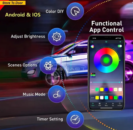 Bluetooth app control for car interior ambient LED lighting kit