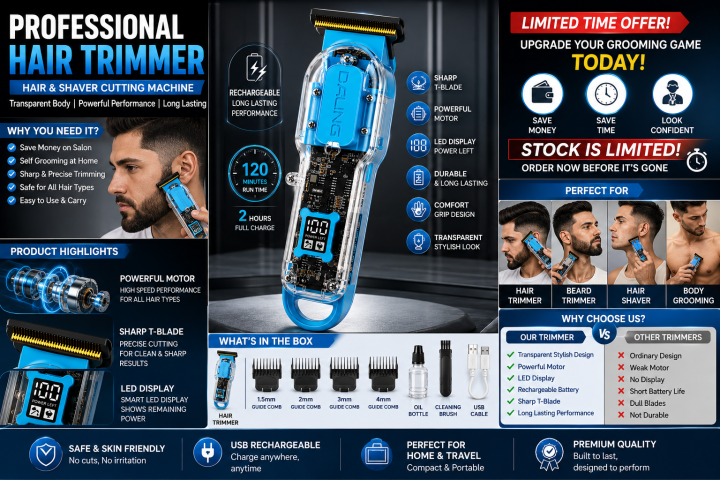Professional transparent hair clipper with LED battery display and USB fast charging
