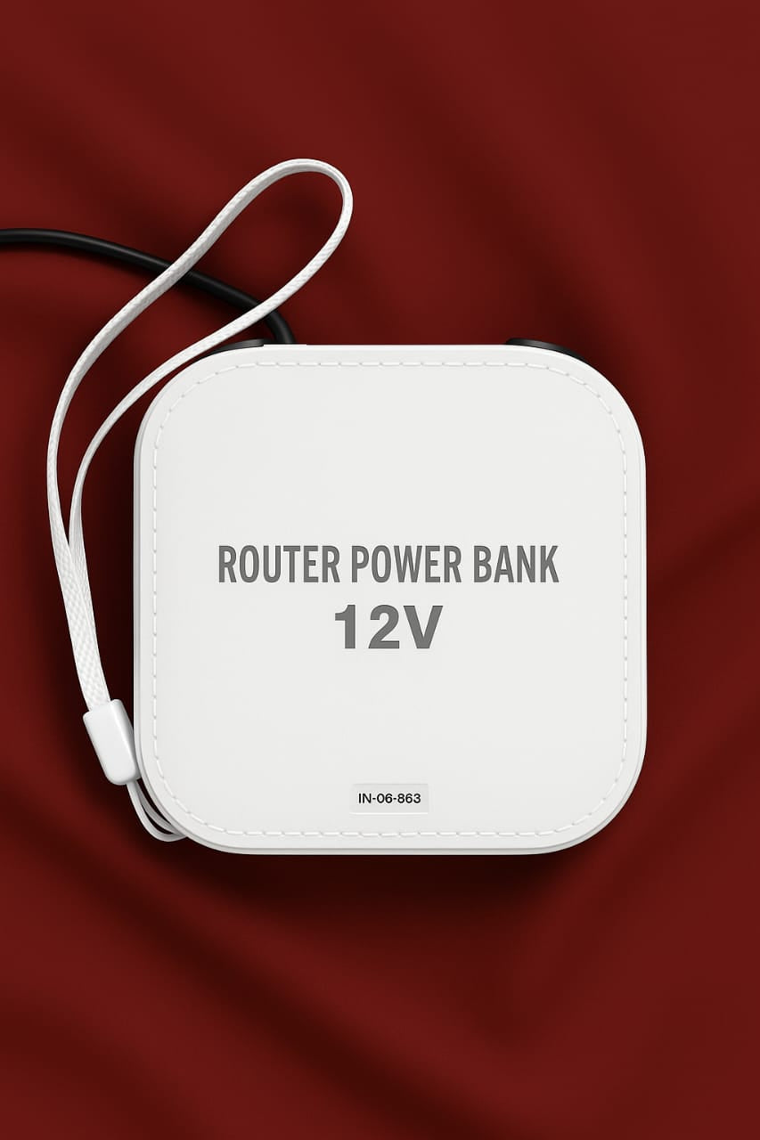 Router mini UPS kit with charging adapter and DC connector cable included in the box
