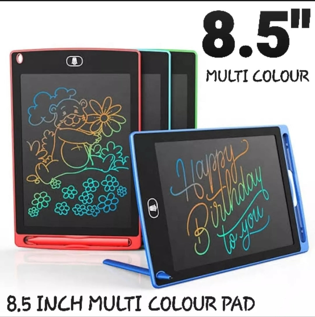 8.5-inch LCD drawing pad showing colourful writing and stylus