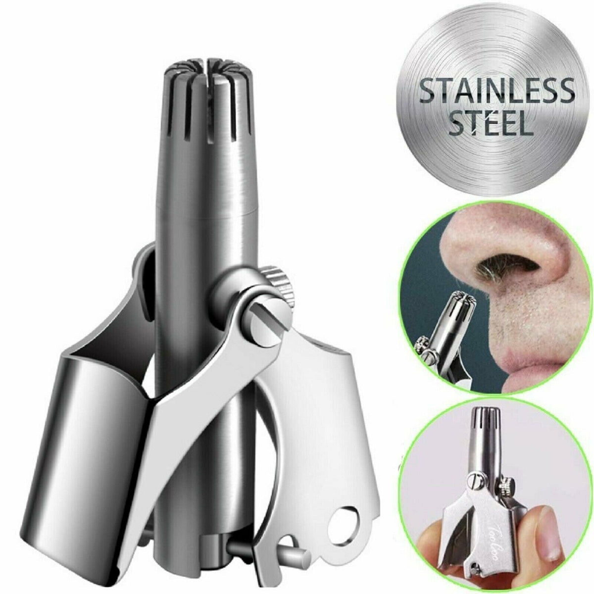 Stainless steel nose trimmer — squeeze handles, safe rounded cutting head, grooming in use