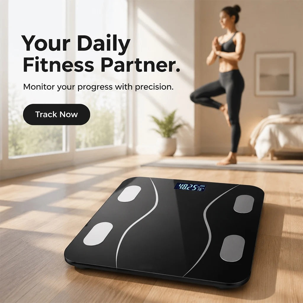 Smart body fat scale black on wooden floor lifestyle