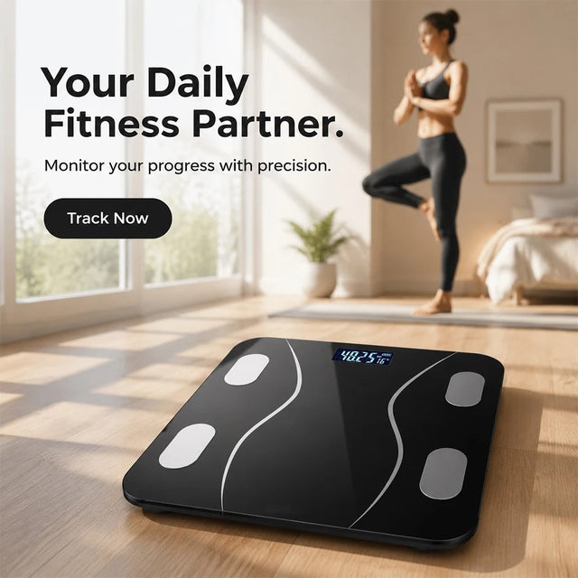 Smart body fat scale black on wooden floor lifestyle